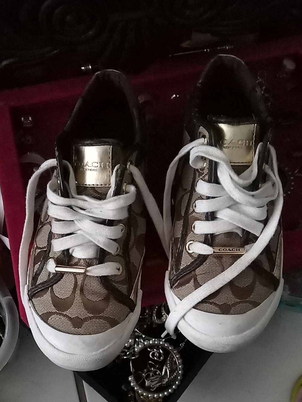 Coach Brown Signature Sneakers w White Laces & Gold Accents. Pealing Around Side
